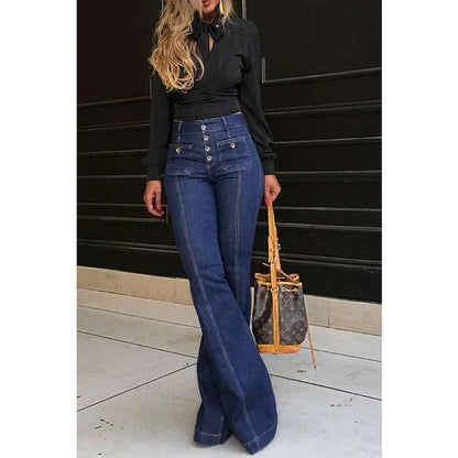 2024 Spring Summer New Women's Retro High Waist Stitching Washed Denim Stretch Slim Bell-Bottom Pants