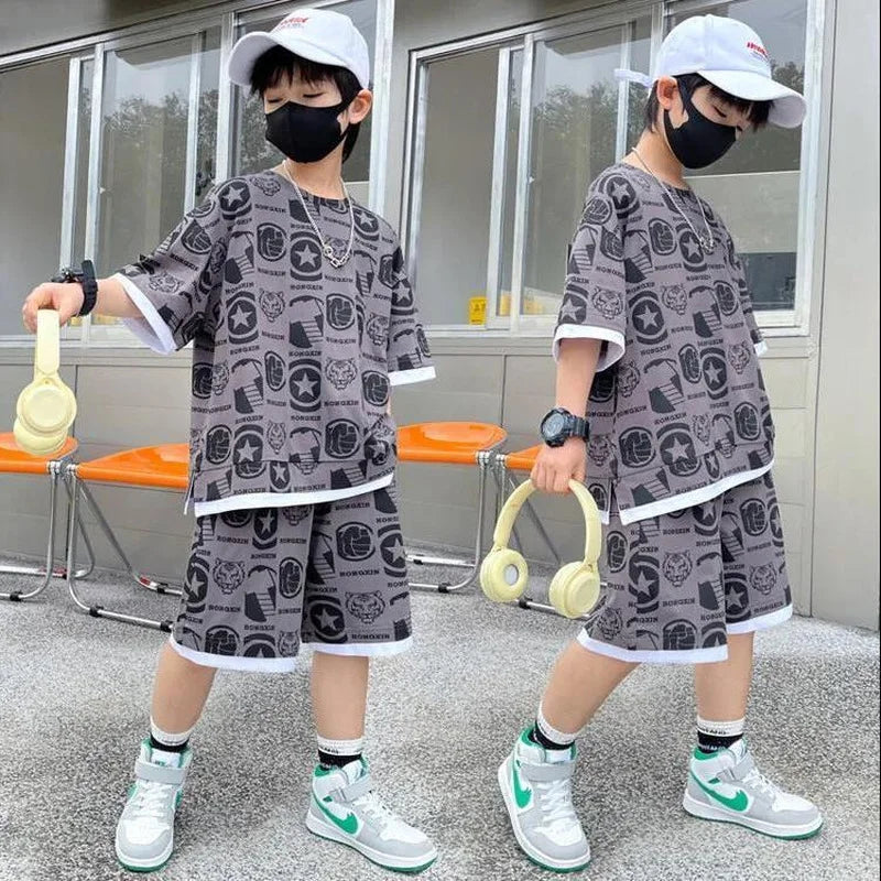 2022 teenage Boy Set kid clothing Suit Cotton Summer Outing Clothes Top Shorts 2PCS Clothing for Children's 8 10 12 14 years