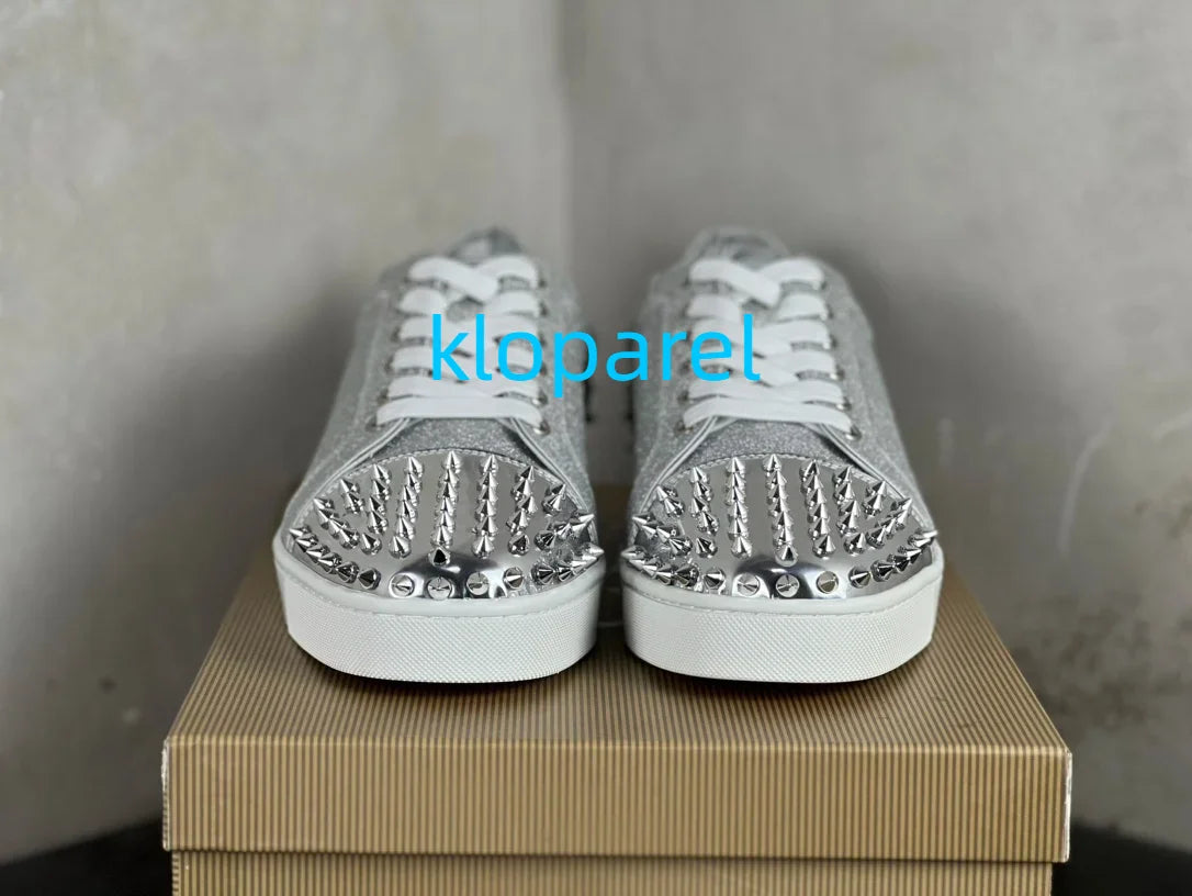 Luxury women's and men's low cut silver sequin rivets high-quality casual flat shoes