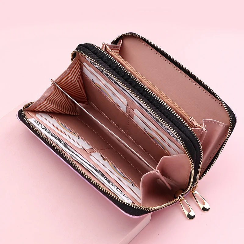 Women Wallets Double Zippers Lady Long Coin Purses Cards Holder Woman Handbags Billfold Wristlet Wallet Clutch Shiny Money Bags