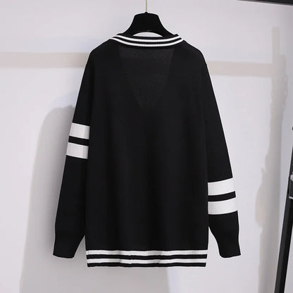 160Kg Plus Size Women's Bust 160cm Loose Cardigan Knitted Sweater 6XL 7XL Spring Autumn V-neck Striped Sweater