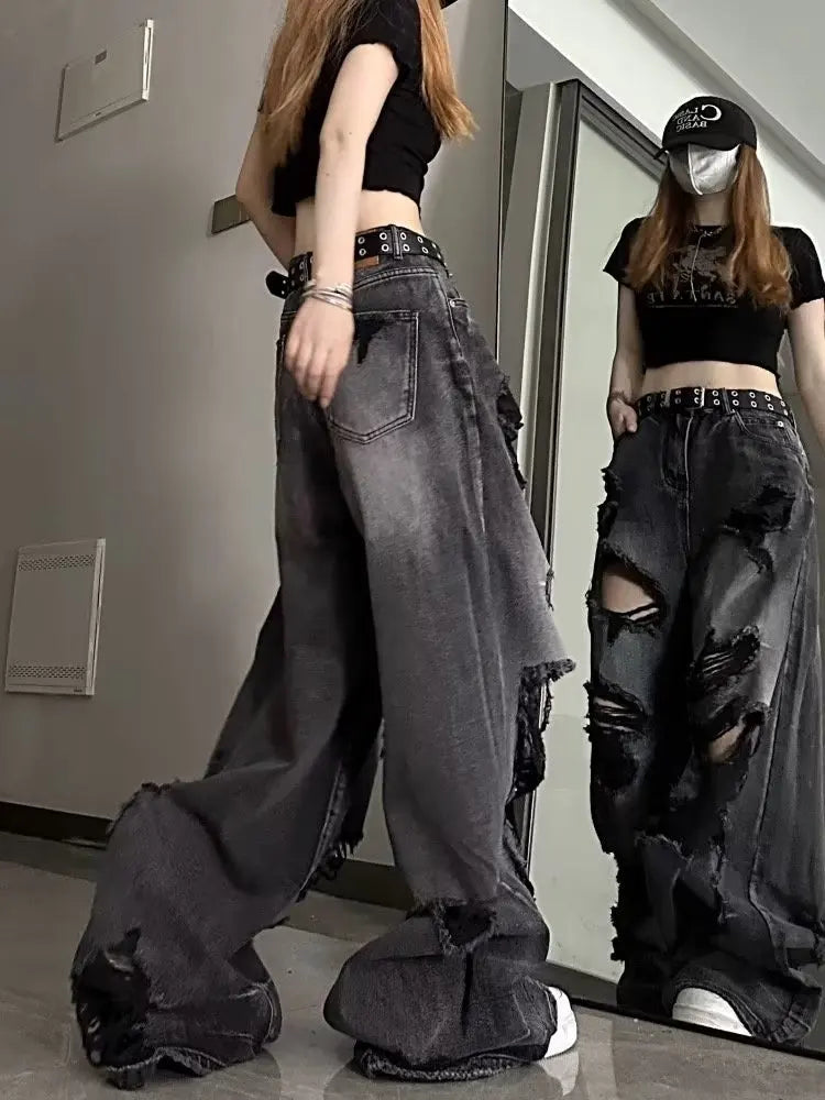 Niche Design Jeans, High Street Heavy Industry Wide Leg Pants, High-end Floor Length Pants, Trendy Brand Women's Jeans