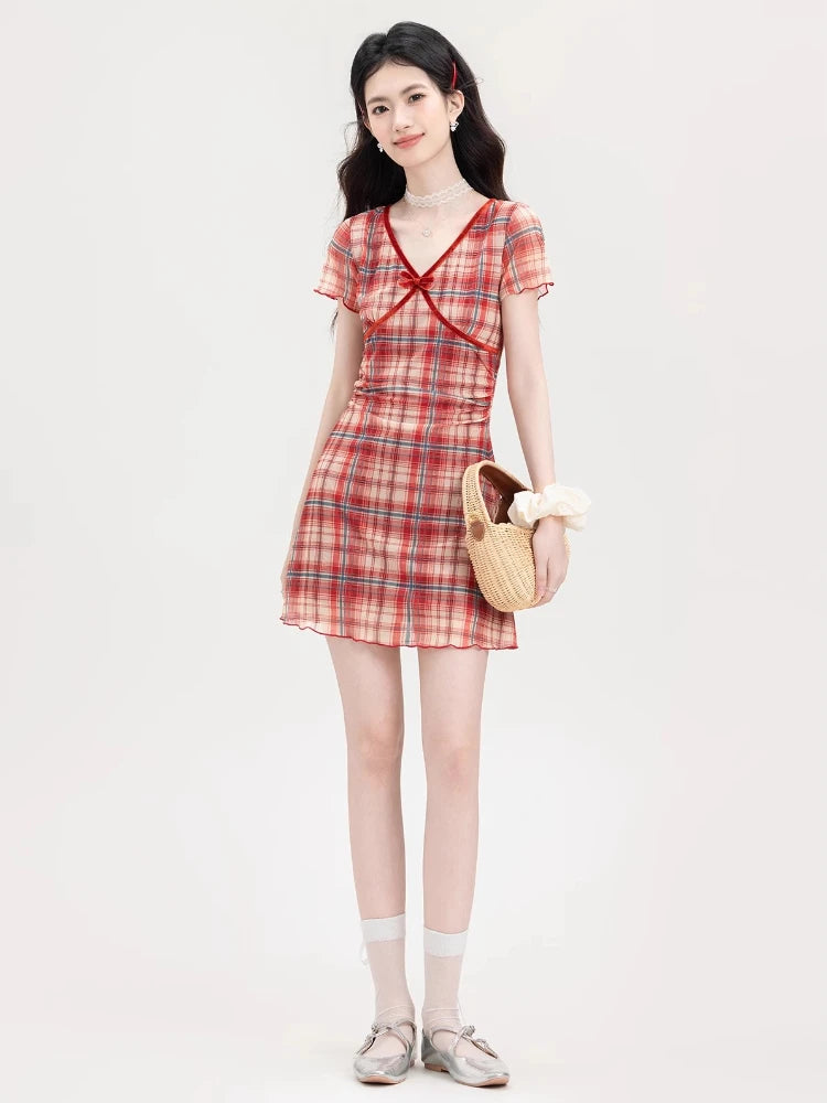 ADAgirl Vintage Red Plaid Women Dress with Bow Mesh Knitting Short Sleeve V-neck Sheath Dress Summer Slim Robe Cute Sweet Girl