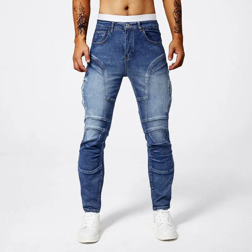 New style jeans for men fashion versatile washed straight fitting patchwork with elastic casual minimalist biker denim pants