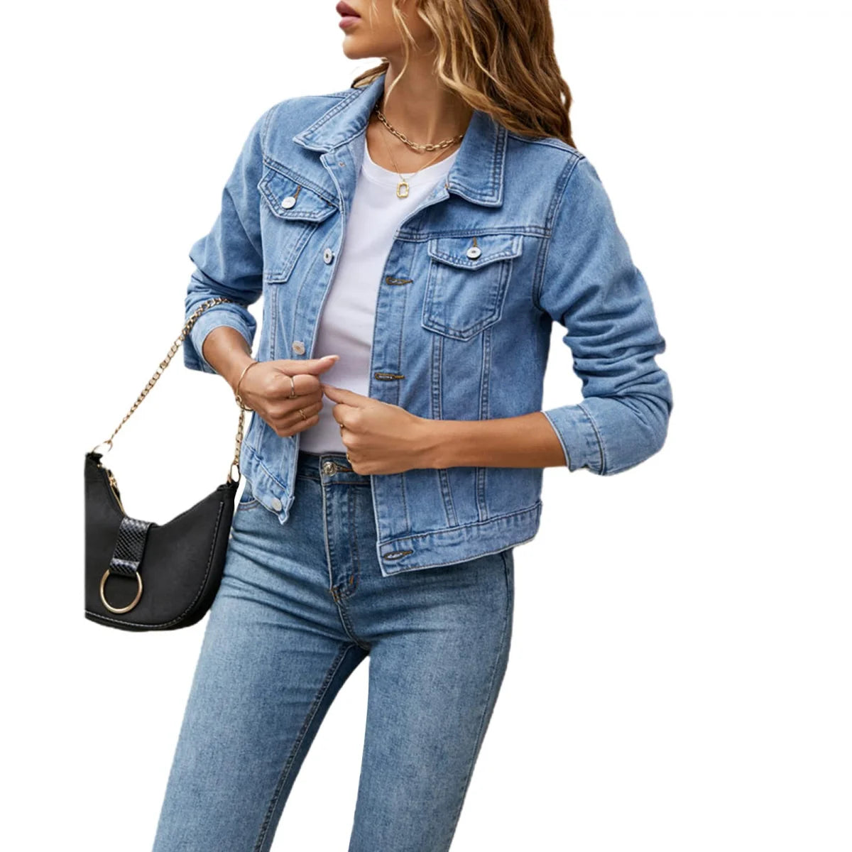 Jean Jacket For Women Fashion Casual Denim Jacket Long Sleeve Button Down Chest Pockets Coat Daily Streetwear