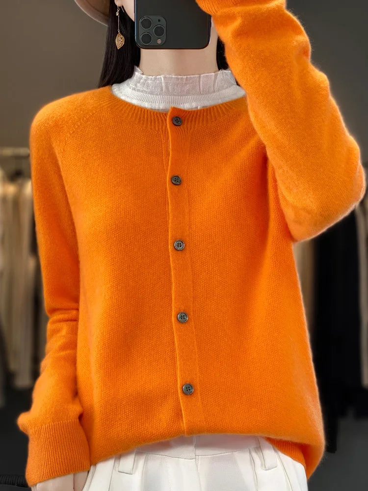 Fashion Women 100% Merino Wool Cardigans Cashmere Sweater Autumn Winter O-neck Long Sleeve Knitwear Female Basic Clothing Tops