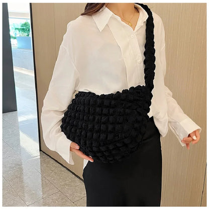 Plaid Quilted Shoulder Bag Cute Pleated Bubbles Large Capacity Underarm Bag Embroidered Solid Color Crossbody Bag Women