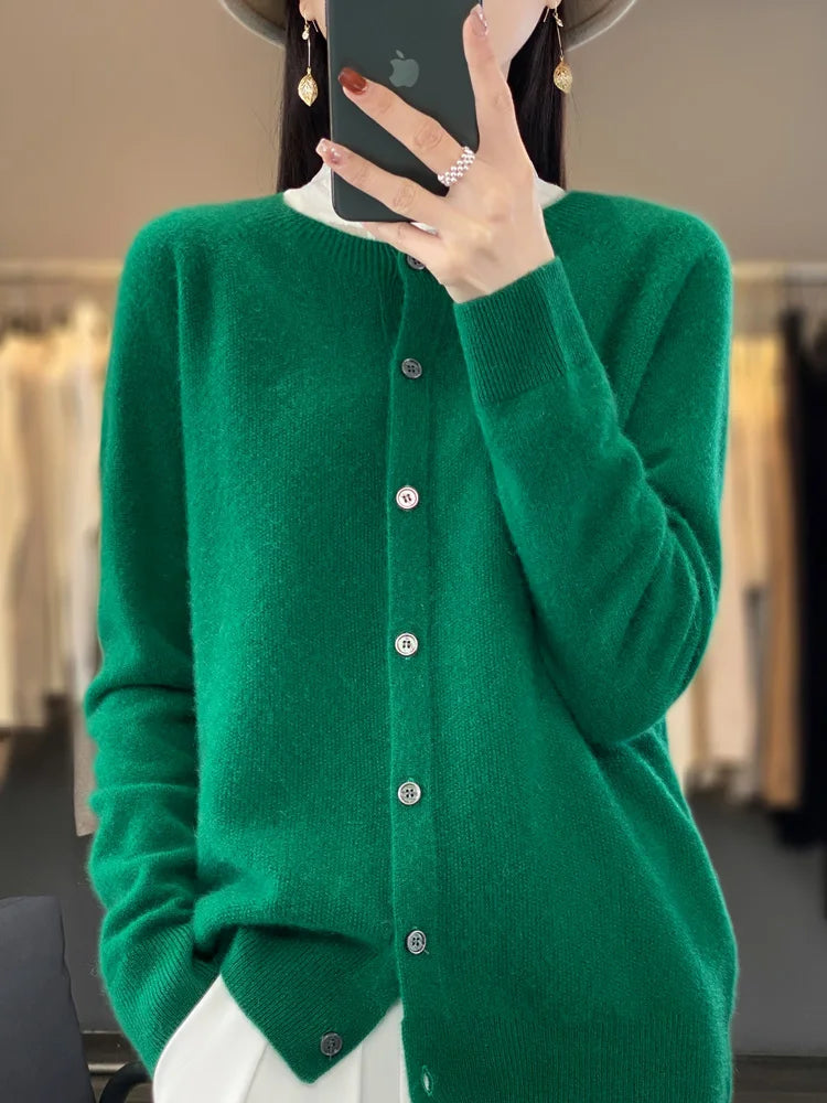 Fashion Women 100% Merino Wool Cardigans Cashmere Sweater Autumn Winter O-neck Long Sleeve Knitwear Female Basic Clothing Tops