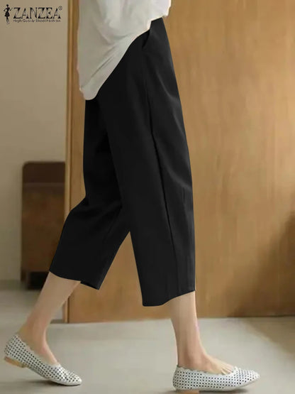 Women Cropped Pants Pleating Pant Holiday Casual Loose Solid Color Trousers