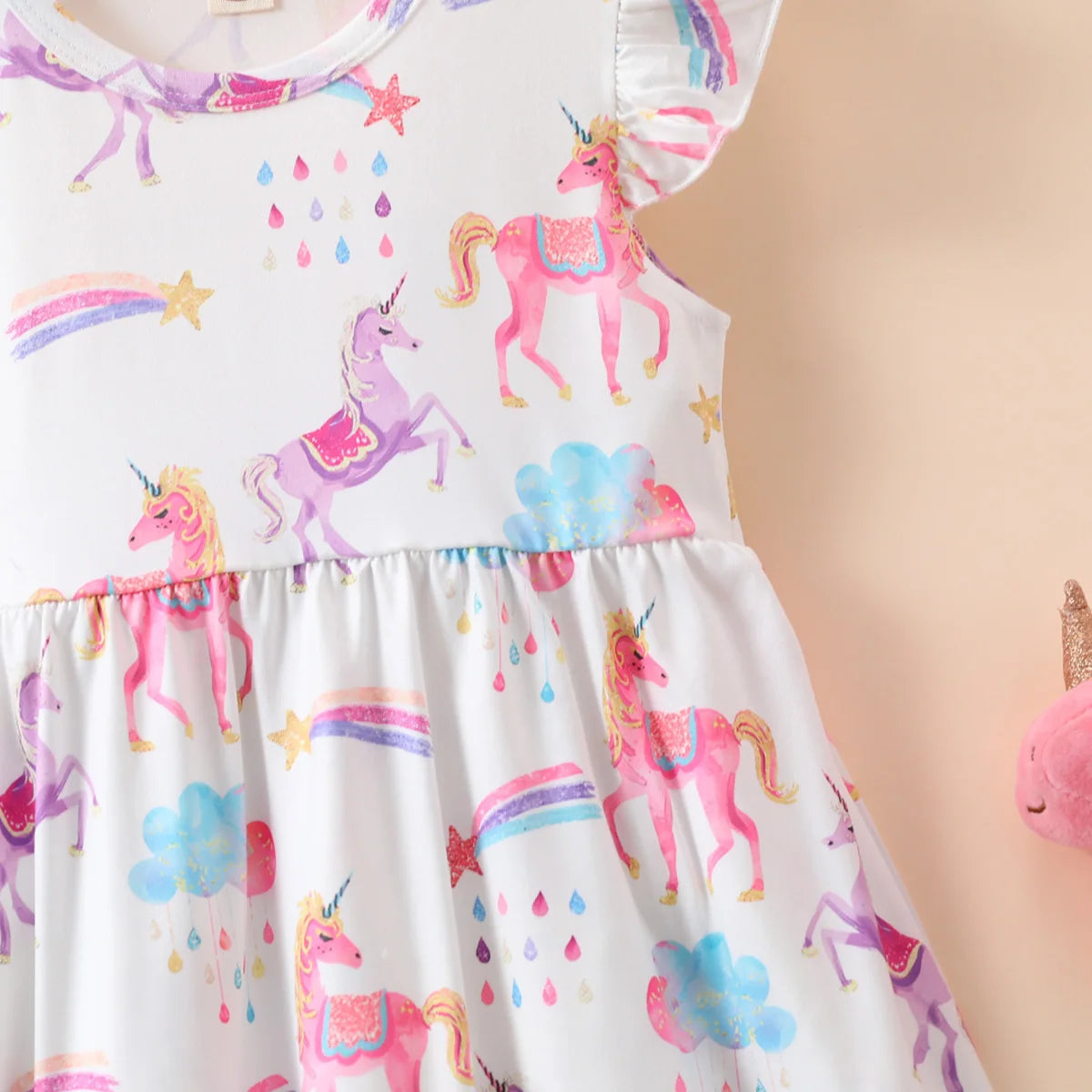 Summer Cute Girl Dresses Cartoon Unicorn Pattern Flying Sleeve Kids Girls Party Dresses 2 To 8 Years Kids Casual Clothes