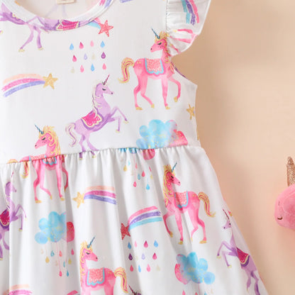 Summer Cute Girl Dresses Cartoon Unicorn Pattern Flying Sleeve Kids Girls Party Dresses 2 To 8 Years Kids Casual Clothes