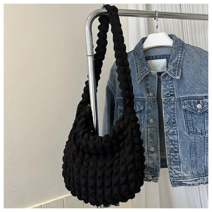 Plaid Quilted Shoulder Bag Cute Pleated Bubbles Large Capacity Underarm Bag Embroidered Solid Color Crossbody Bag Women