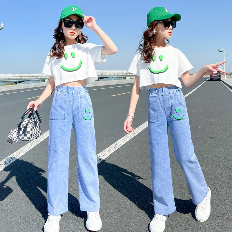 2024 Summer teens Girls Clothes Sets Outfits Kids crop top 2PCS T-shirt + demin Pants jeans Child tracksuit 6 8 10 12 14 Year