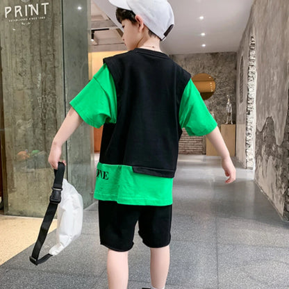 Kids Clothes Boy Contrast Sleeve Fake Two Pieces T-Shirt & Shorts 2 Pieces Set Teenage Summer Street Wear Letter Tracksuit