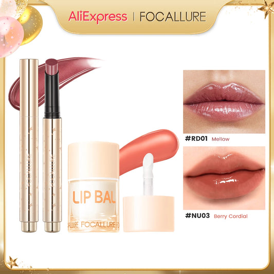 FOCALLURE 2 Pcs Lips Makeup Set Pearlescent Lipstick Pen Non-Sticky Mirror Lip Glosses Moisturizing Lip Balm Lipstick Cosmetics