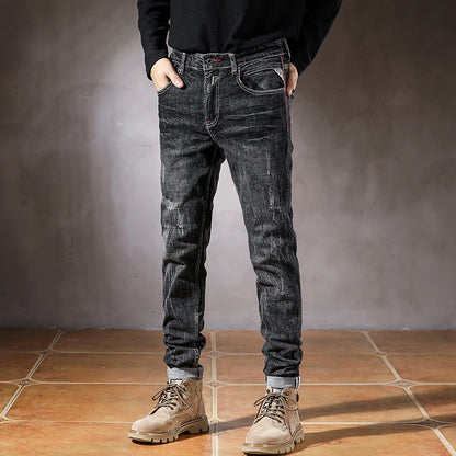 High fashion designer vintage men's jeans black Gray elastic slim ripped jeans men's pants casual stretch jeans Hombre