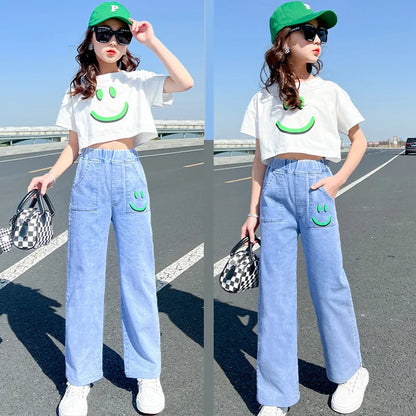 2024 Summer teens Girls Clothes Sets Outfits Kids crop top 2PCS T-shirt + demin Pants jeans Child tracksuit 6 8 10 12 14 Year