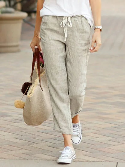 Women Cotton Linen Pants Summer Casual Solid Color Drawstring Elastic Waist Wide Leg Pants Female Loose Elegant  Loose Trousers