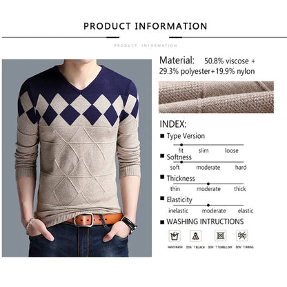 BROWON Autumn Vintage Sweater Men Collarless Sweater Christmas Sweaters Fashion V-neck Casual Slim Sweaters Men for Business