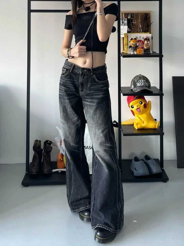 HOUZHOU Grunge Y2k Black Jeans Women Baggy Vintage High Street Oversized Denim Trousers Gothic Gyaru 2000s Acubi Fashion Jeans