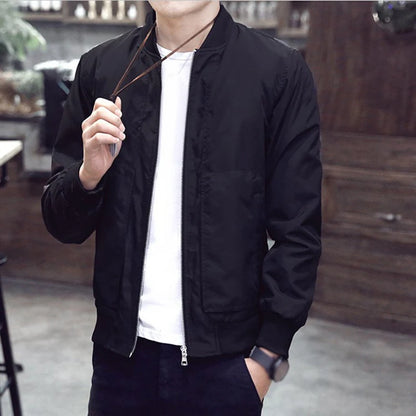 Modern Black Slim Fit Stand Collar Jacket Coat for Men, Thin and Lightweight, Long Sleeve, Sizes M~2XL, Made of Polyester