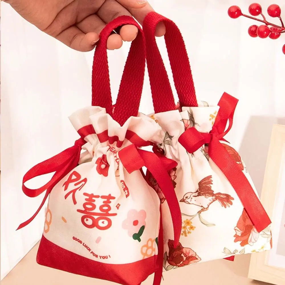 Bird Canvas Drawstring Bag Floral Large Capacity Small Flower Wrist Bag Korean Style Coin Purse Wallet Festive Sugar Bag