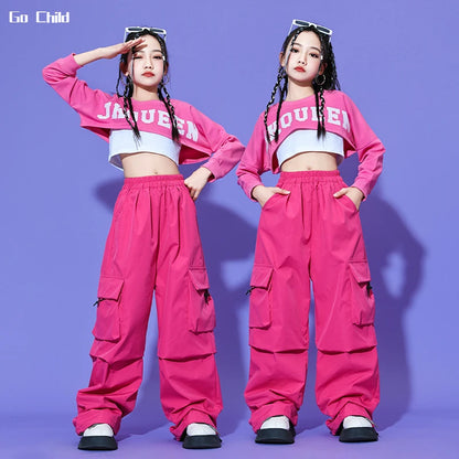 Hip Hop Girls Crop Tops Rose Cargo Pants Child Tank Top Streetwear Joggers Clothes Sets Kids Street Dance Jazz Stage Costumes