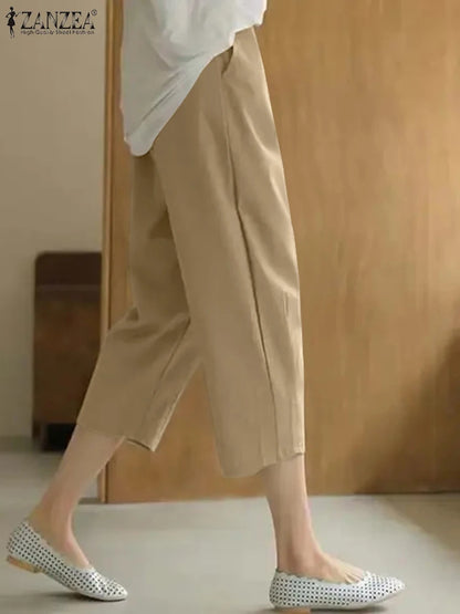 Women Cropped Pants Pleating Pant Holiday Casual Loose Solid Color Trousers