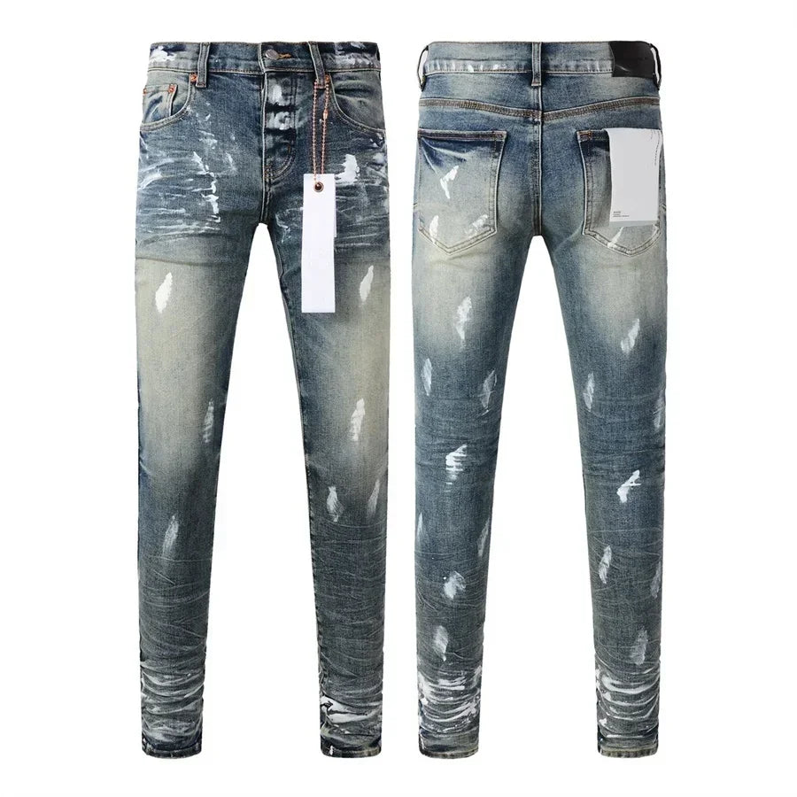 2024 top quality Purples Men jeans brands high street blue ripped distressed fashion repair low rise skinny denim trousers pants