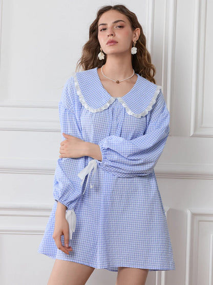 Women Y2k Gingham Babydoll Dress Puff Long Sleeve Loose Fit Short Dress Ruffle Trim Doll Collar Cute Plaid Dress