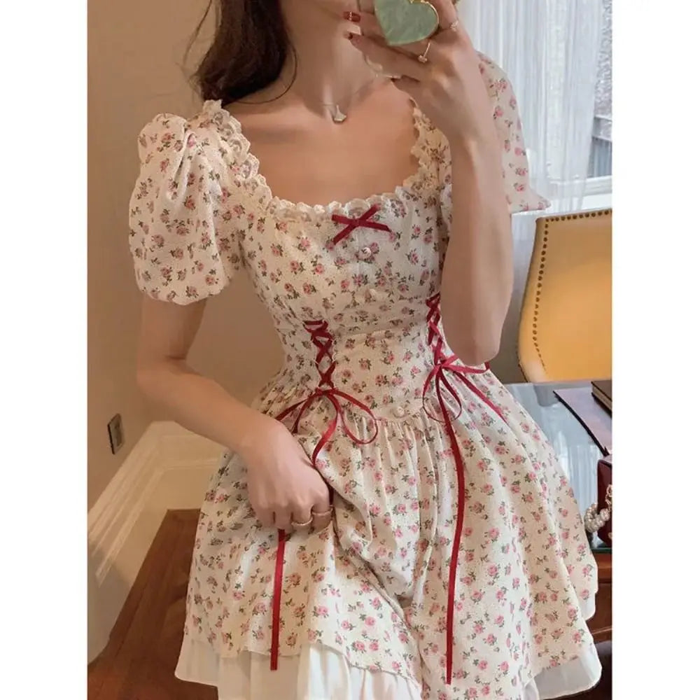 Cute Small Flowers Mini Floral Dress Square Collar Ballet Style