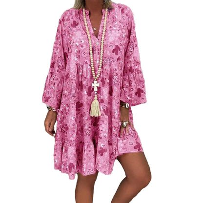 V Neck Long Sleeve Floral Print Dress Short Dress for women