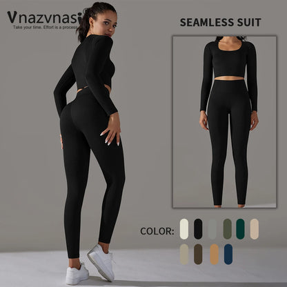 Vnazvnasi Seamless Women's Sports Set Long Sleeve Yoga Suit for Fitness Push Up Tights Sportswear Workout Clothes Outfit 2 Pcs