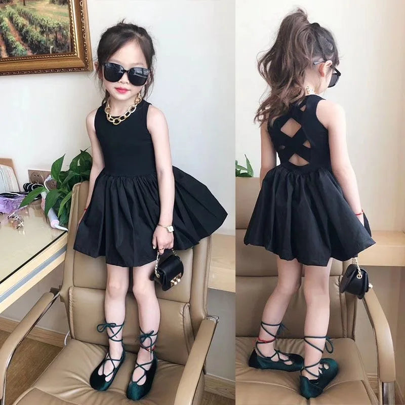 2024 Summer Girls Elegant Goth Dresss Black Sleeveless Tutu Dress Backless Off Shoulder Party Kid Dresses 2 3 4 5 6 8 Years Old