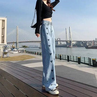 Jeans Women Wide Legs Baggy Jeans Streetwear Chic Design Peach Heart High Waist Loose Female Straight Long Pants Drop Shipping