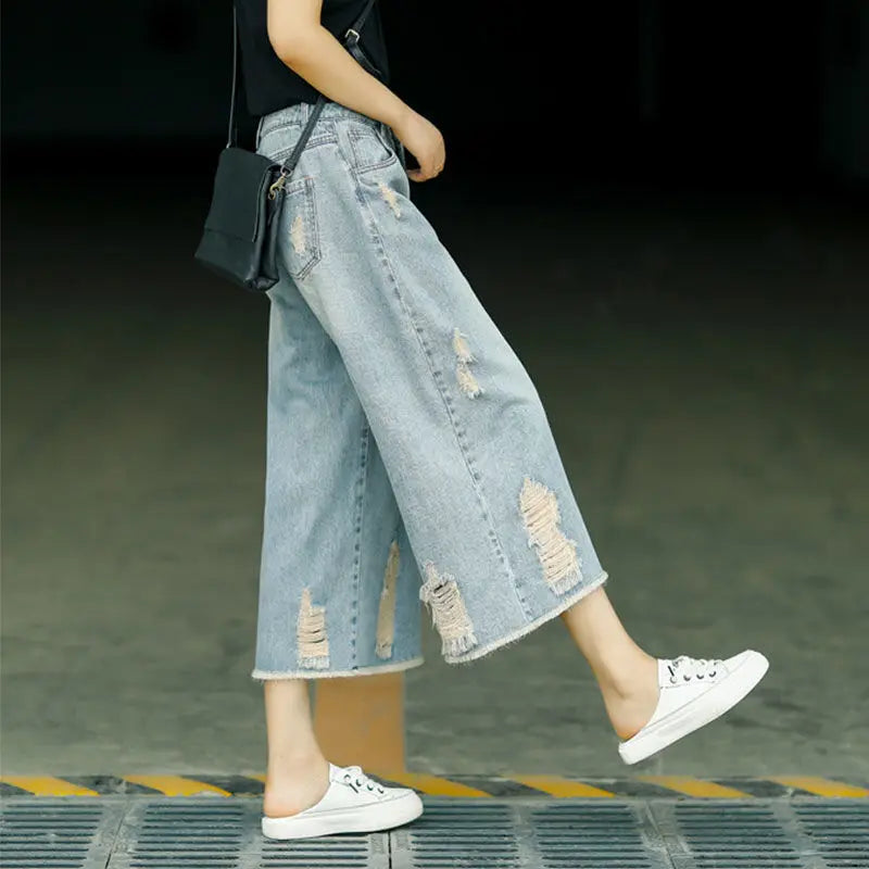 Quarter Summer Thin High Waist Loose Wide Leg Pants Women's Broken Hole Made Old Blue Vintage Casual Pants