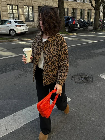 Elegant Leopard Print Woolen Jacket For Women Chic Lapel Long Sleeves Single Breasted Coats Spring Female High Streetwear 2024