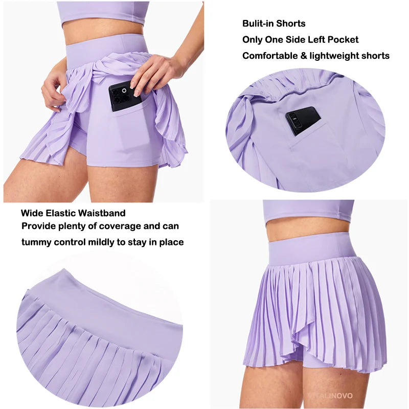 VITALINOVO Women's Pleated Tennis Skirt Golf Skorts for Woman High Waisted Lightweight Athletic Shorts Pockets Flowey Skater