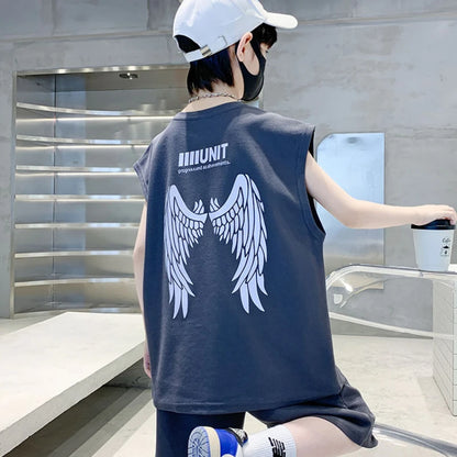 Fashion Boys Clothes Summer Sleeveless Vest & Loose Shorts 2 Pieces Set Teenage Boy Sport Tracksuit Angel Wings Print Outfit