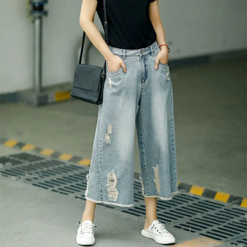 Quarter Summer Thin High Waist Loose Wide Leg Pants Women's Broken Hole Made Old Blue Vintage Casual Pants