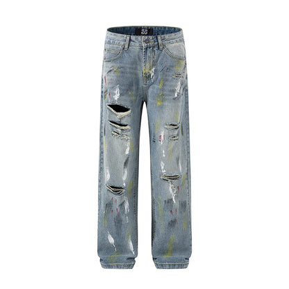 Y2K washed American style personalized printed jeans Real men's ripped trend high-end Korean straight wide-leg pants