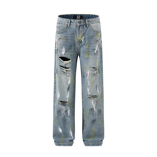 Y2K washed American style personalized printed jeans Real men's ripped trend high-end Korean straight wide-leg pants