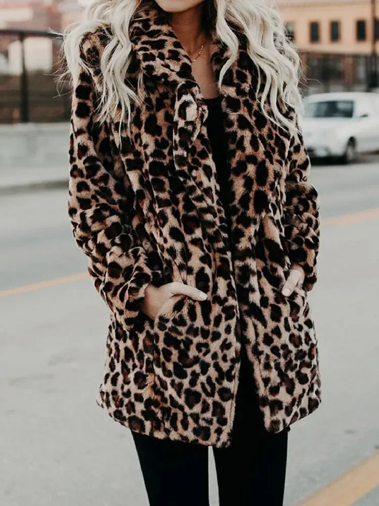 Autumn Leopard Faux Fur Coat Women Long Winter Coat Woman Warm Ladies