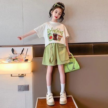 Children's Top and Bottom Clothes Set Korean Version 2024 Summer New Trendy Girls Cartoon Letters Short-sleeved Two-piece Set