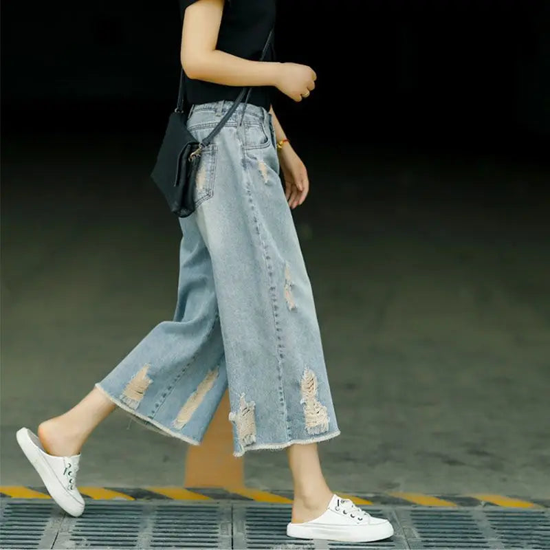 Quarter Summer Thin High Waist Loose Wide Leg Pants Women's Broken Hole Made Old Blue Vintage Casual Pants