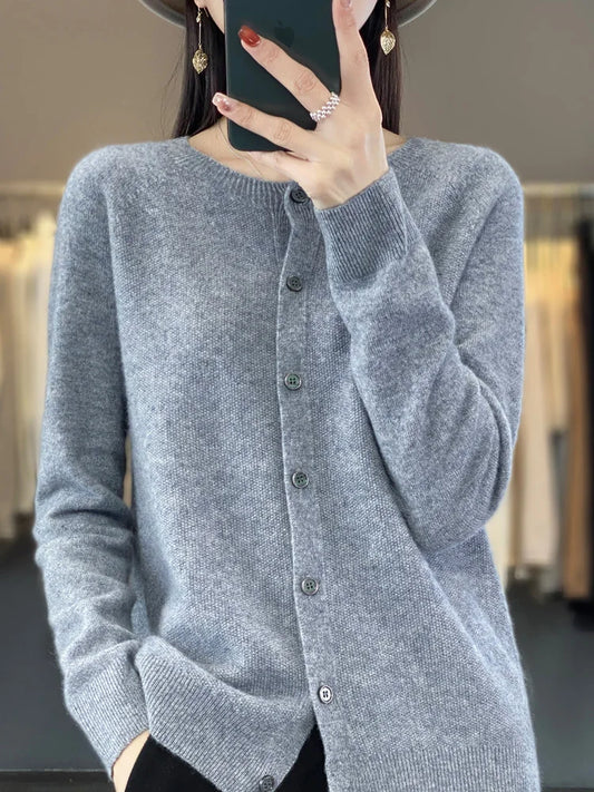 Fashion Women 100% Merino Wool Cardigans Cashmere Sweater Autumn Winter O-neck Long Sleeve Knitwear Female Basic Clothing Tops