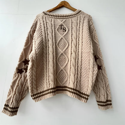 Autumn Fashion Warm Khaki Knitted Cardigan Women Sweater Y2k Winter Star Embroidered Loose Fit Long Sleeves Holiday Cardigan