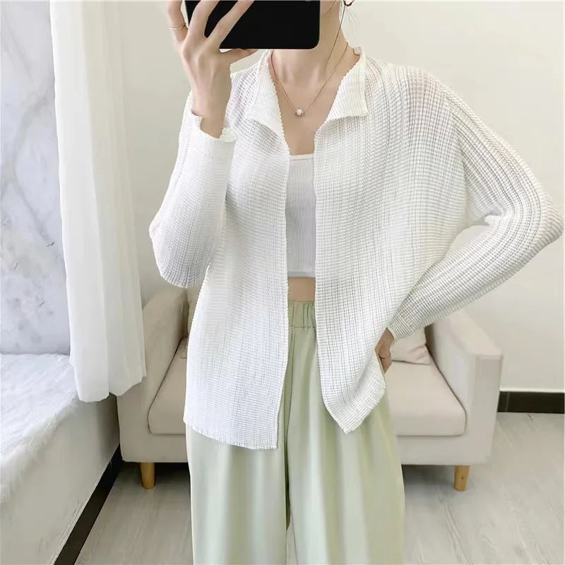 Pleated Cardigan Women Solid Color Non-Button Short Coat Female Spring Summer Fashion Long Sleeve Sun Protection Clothing