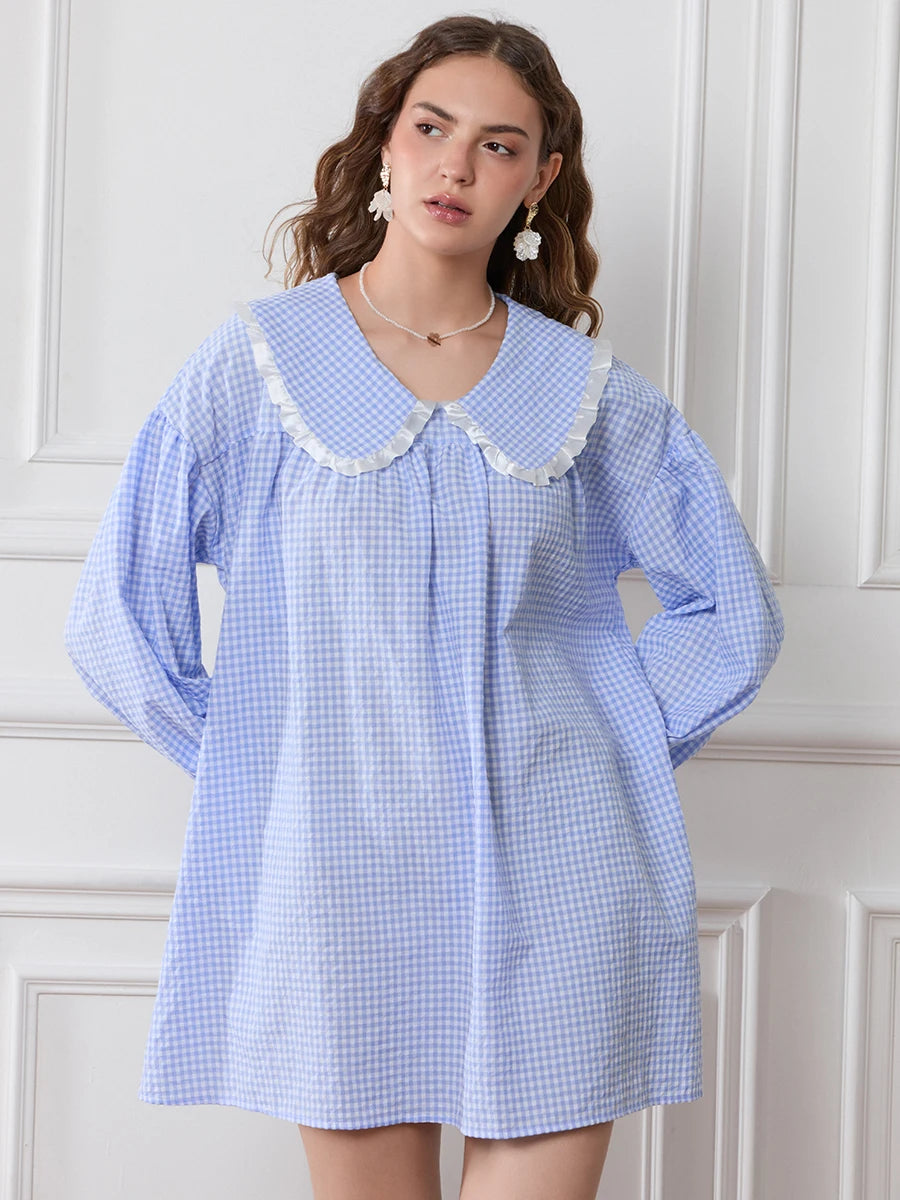 Women Y2k Gingham Babydoll Dress Puff Long Sleeve Loose Fit Short Dress Ruffle Trim Doll Collar Cute Plaid Dress