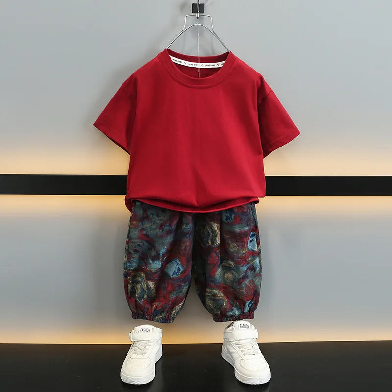 Children Boys Clothes Print Sets T-Shirt & Loose Shorts 2 Pieces Set Teenage Tracksuit Street Outfit 2 3 4 5 6 7 8 9 10 Years